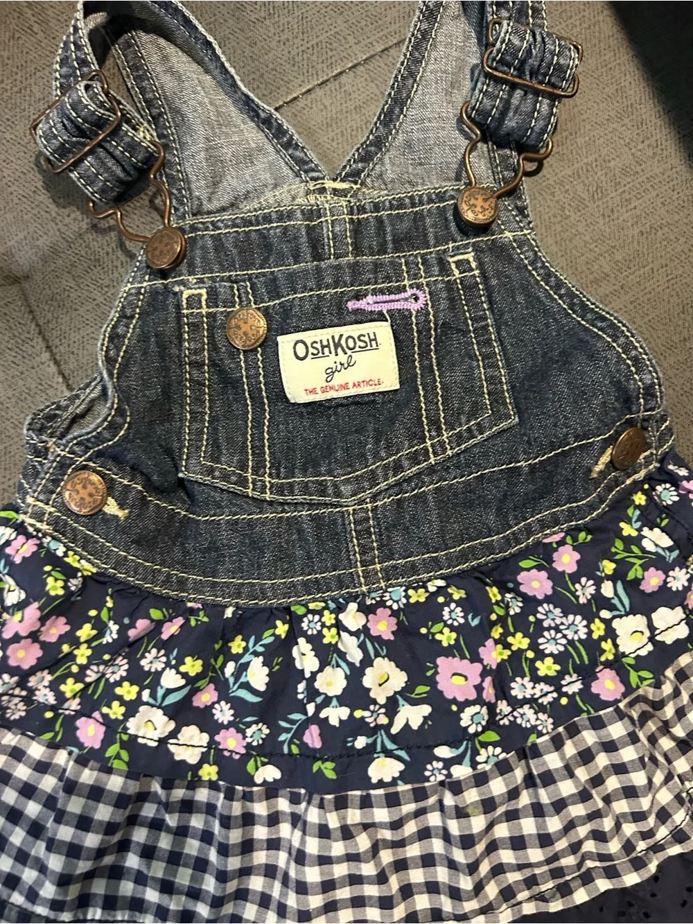 OshKosh B'gosh Navy Denim Floral & Gingham Tiered Overall Dress